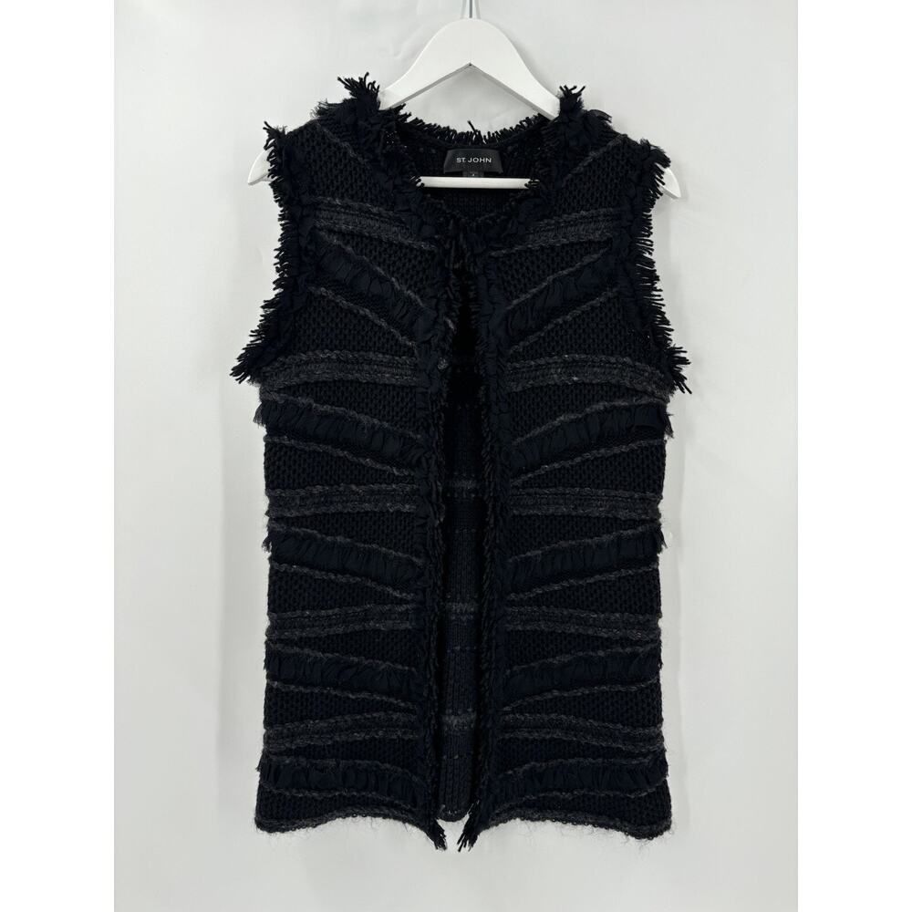 St. John Vest Womens Small Black Fringe Knit Wool Mohair Blend Open Striped